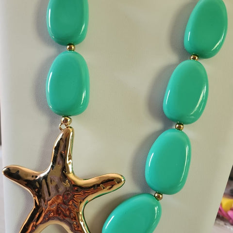 Collar de Estrella Dorada  Con Piedras Turquesa  Aretes