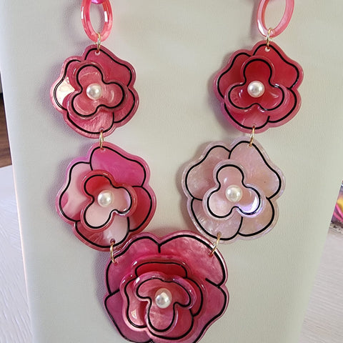 Collar en Acrílico Rosado  Con Aretes