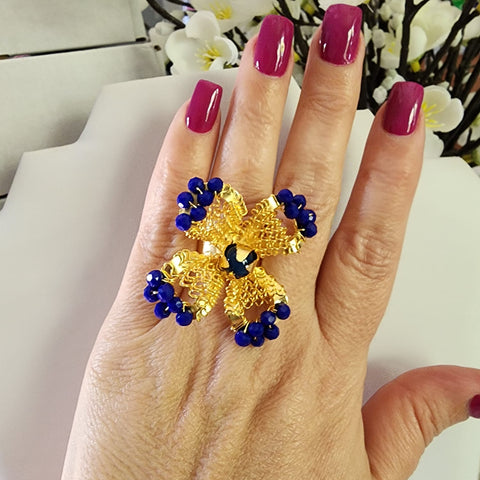 Anillos Trébol  Base dorada  Con Cuencas Azul