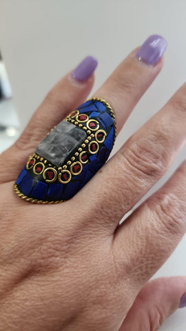 Anillo Mosaico  Azul con piedra Gris