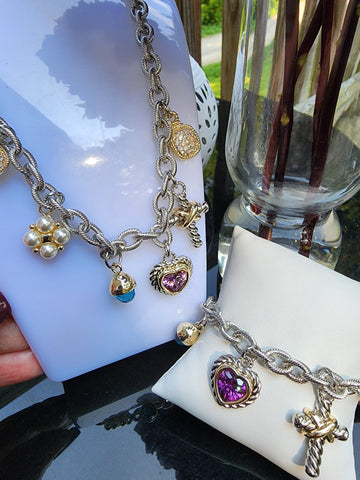 P-960-Pulsera Rodio de Charms  Cruz y Corazón Violeta