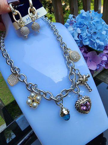 P-960-Collar Rodio de Charms  Cruz y Corazón Violeta