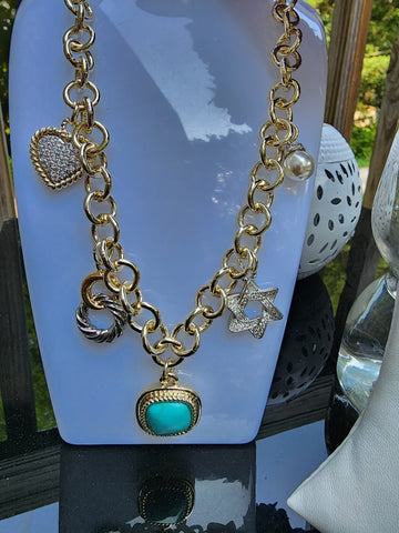 P-962-Collar Rodio de Charms  Piedra Turquesa  Dorada