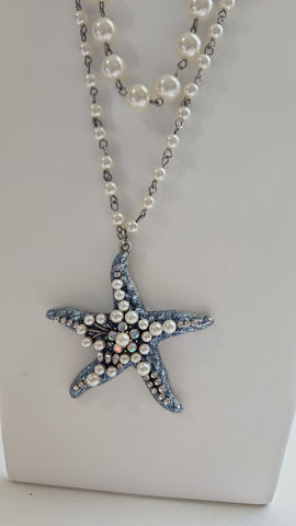Collar de Perla Plateada  Estrella Azul