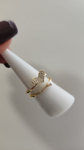 Anillo doble  Corazon diamantado y Perla