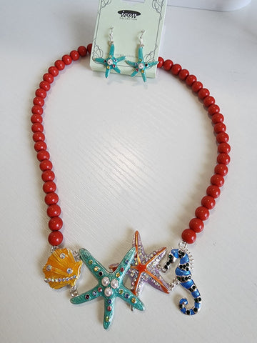 Collar en Balines  Anaranjado Estrella  Con Aretes