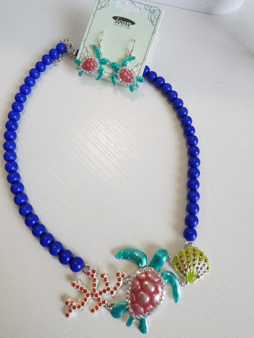 Collar en Balines  Azul Tortuga Con Aretes