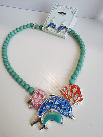 Collar en Balines  Turquesa Delfin Con Aretes