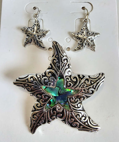 #013-Set de Estrella de Mar  Plata con Tornasol Azul