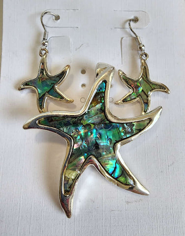#011-Set de Estrella de Mar  Plata con Tornasol Verde