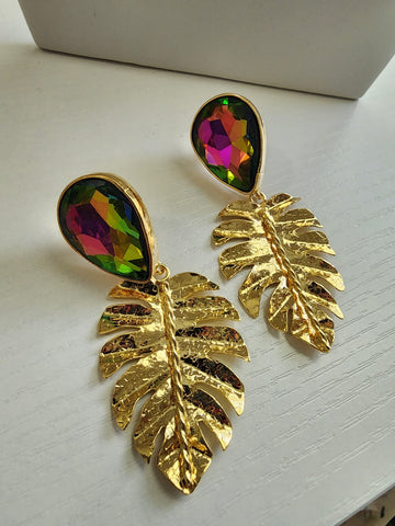 Aretes de Hoja Con Gotas  Tornasol