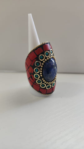Anillo Mosaico  Rojo Piedra Azul