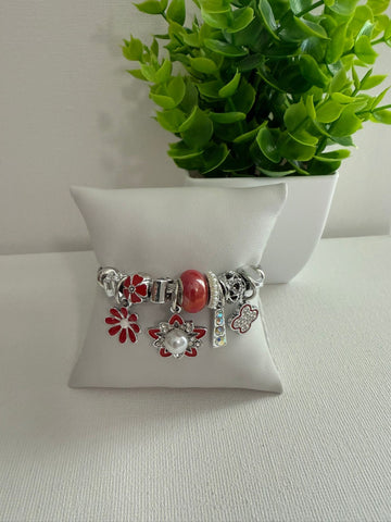 Pulsera de charm  Plata con Rojo de la flor