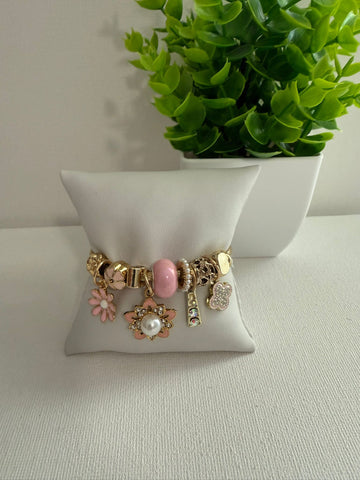 Pulsera de charm  Oro con flores coral