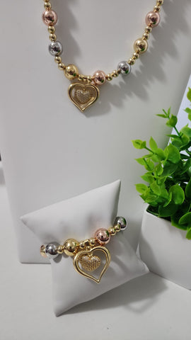 Set de tres Tonos  Pulsera y Collar  Corazon Diamantado