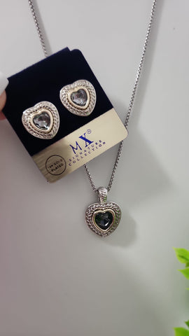 852-Set de Corazon  Aretes y Cadena Gris