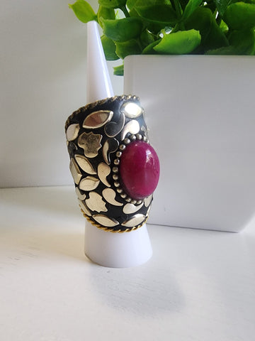 Anillo Mosaico  Plata Piedra Fushia