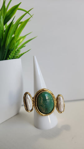 Anillo Verde cobre dos Perlas  Verde