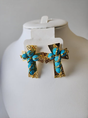 Aretes Cruz de Piedra  Turquesa