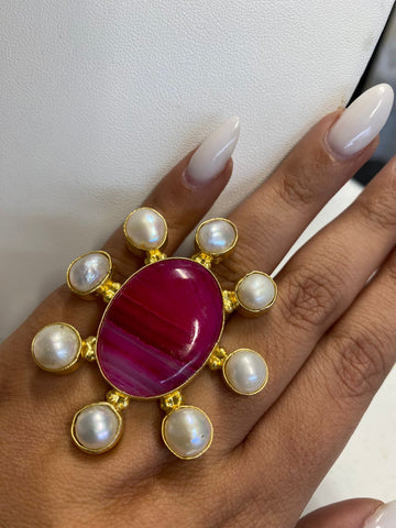 Anillo cristal Fushia con perla