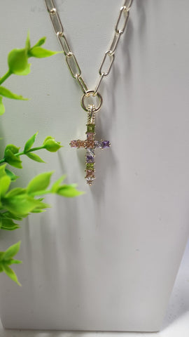 323-Cadena Paper Clip  Oro Cruz en Colores